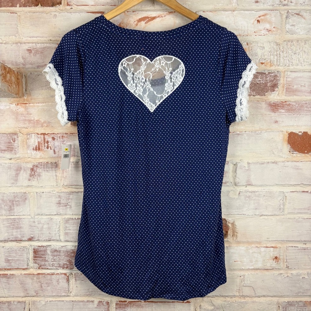 Betsey Johnson NWT Navy Polka Dot Top Size M Lace Trim Heart Cutout Coquette Y2K